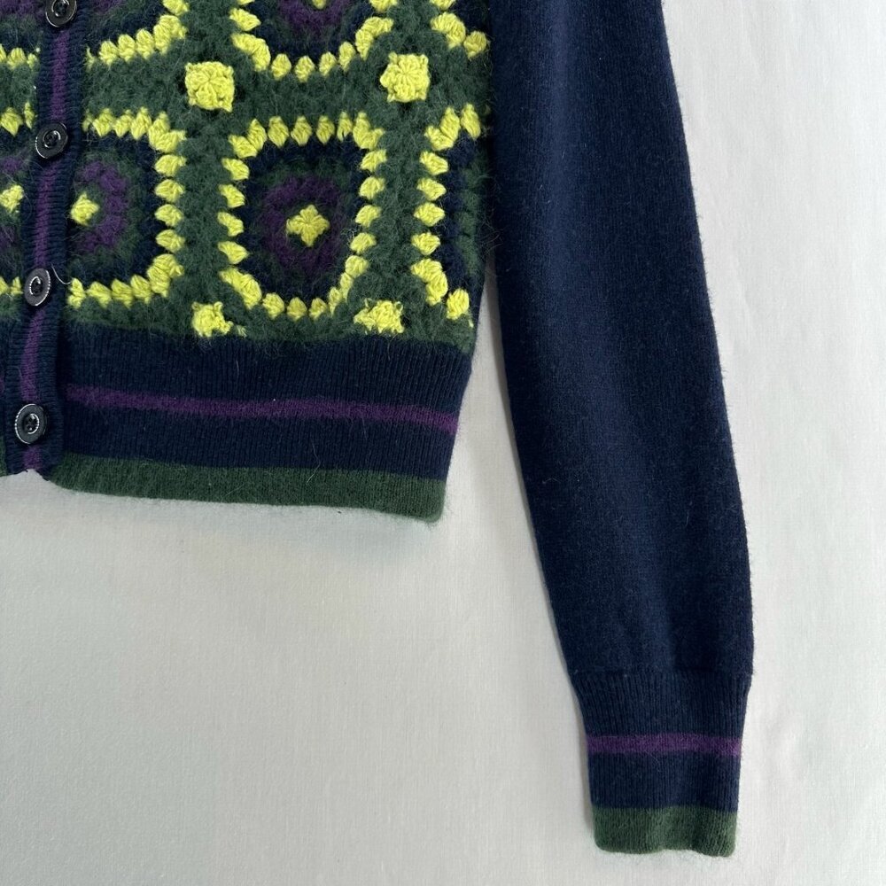 Juicy Couture Sweater Womens XS Crochet Granny Square Cardigan Retro Navy Green - Picture 9 of 12